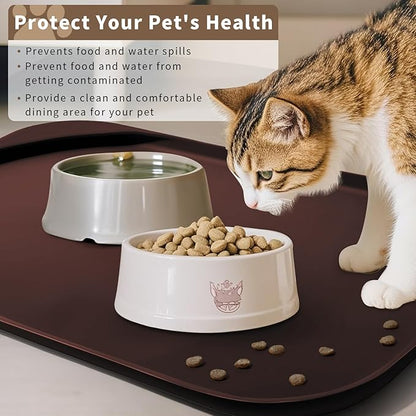 Silicone Pet Food Mat with Raised Edge for Food and Water Bowl, Dog Feeding Mats, Cat Food Trays for Floor Waterproof, Rubber Tray for Dogs and Cats, 24 x 16 x 0.8 Dark Brown