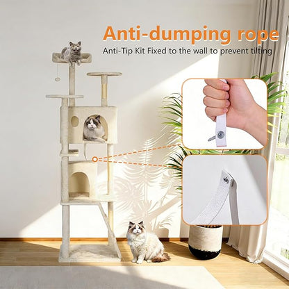 BestPet | 81" Cat Tree Tower | Cream | Sturdy, Easy to Assemble, Multi-Level Activity Center with Sisal Scratching Posts, Condos, Perches, Hanging Cat Toys, Observation Decks & Ladder