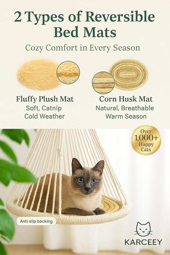 KARCEEY Macrame Cat Hammock - Hanging Cat Bed for Wall & Window - Boho Swing with Full Hardware Kit & Nip Toy - Stable Heavy Duty Design for Large & Senior Felines up to 60lbs