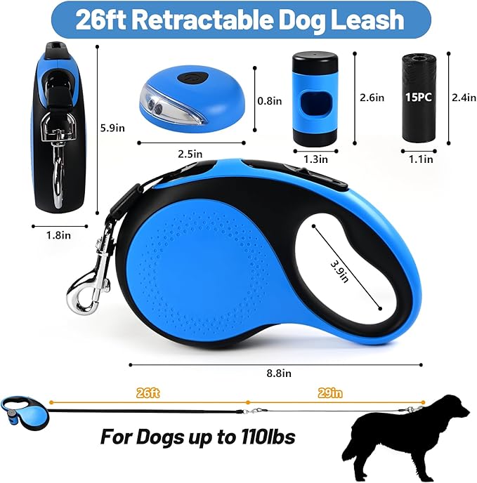 26ft Heavy Duty Retractable Dog Leash for Large Dogs, Dog Leash with Poop Bag Holder, Up to 100lbs, with LED Light, Chew Proof Cable, One-Handed Pause & Lock, 360° No Tangle. (Blue, 26Ft)