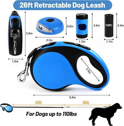 26ft Heavy Duty Retractable Dog Leash for Large Dogs, Dog Leash with Poop Bag Holder, Up to 100lbs, with LED Light, Chew Proof Cable, One-Handed Pause & Lock, 360° No Tangle. (Blue, 26Ft)