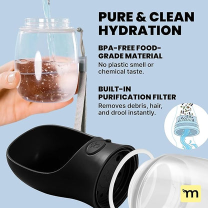 MalsiPree Dog Water Bottle - 19 Oz, Black, BPA-Free - Portable & Lightweight Water Dispenser with Bowl for Dogs - Leak-Proof & No-Waste Design for Travel