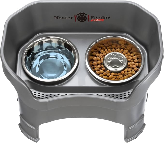 Neater Feeder Deluxe Mess-Proof Elevated Dog Bowls for Large Dogs (40+ lbs), 2 Height Adjustable (14.5” & 17.5”) No-Spill Raised Dog Bowl Stand w/Slow Feed Bowl for Food, Made in USA, Grey