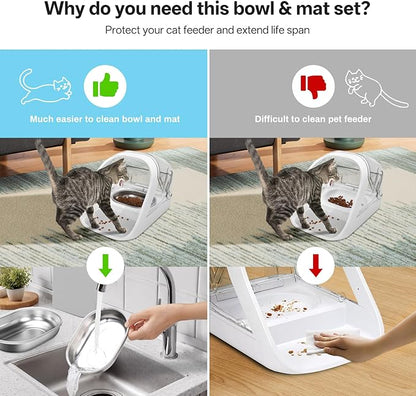Stainless Steel Bowls and Mat Set for Automatic Microchip Pet Feeder, YOIHABV 2 Single SUS 304 Bowls and 1 Silicone Mat, Keep Food Fresh, Easy to Clean, Protect Cat Feeder