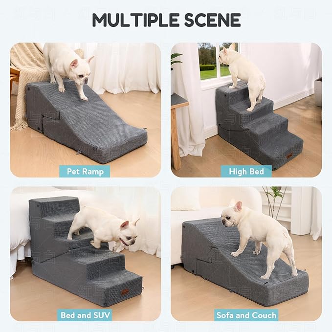 4-Step Dog Stair and Ramp for Small Dogs and Cats, Pet Steps for Bed with Non-Slip Bottom, Grey