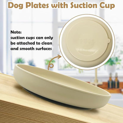 Silicone Dog Bowl Set of 2 Flat Puppy Food & Water Dish Less Mess Cat Dry Food Plates with Suction Cup Non-Tippable Feeding Bowls for Small & Medium-Sized Pets (Round Beige)