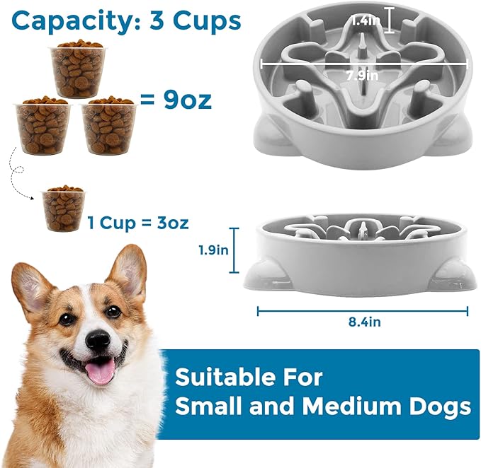VANNON Slow Feeder Dog Bowls Durable Puzzle Feeder Non Slip Dog Food Dish Bloat Stop Food Bowls for Small Medium Dogs, 3 Cups, BPA Free, Grey
