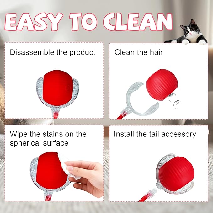 Automatic Interactive Cat Toys Ball, Motion Activated Kitten Toys with Twitchy Tail, 3 Speed Modes & Rechargeable Battery, Fun Indoor Cat Enrichment Toys for Small Medium Large Cats (Red)