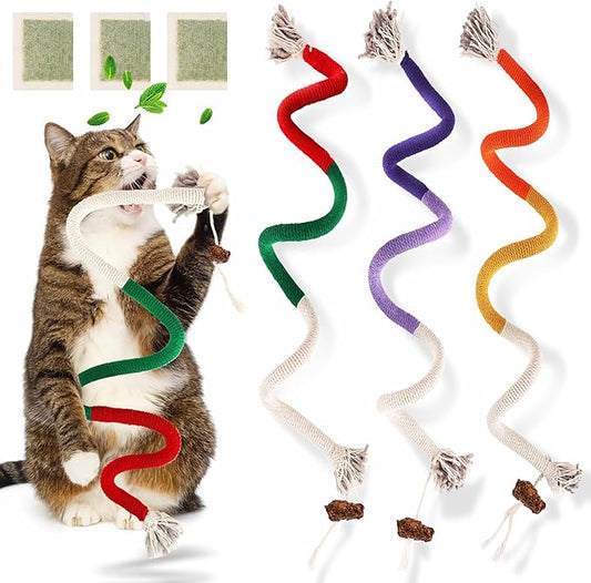 Cat Toys Chew Ropes 3Pcs with Natural Catnip, Safe Teeth Cleaning Toy for Indoor Kittens, Interactive Cat Kitty Toys for All Breeds (27.56 Inches, 3 Bags of Catnip Included)