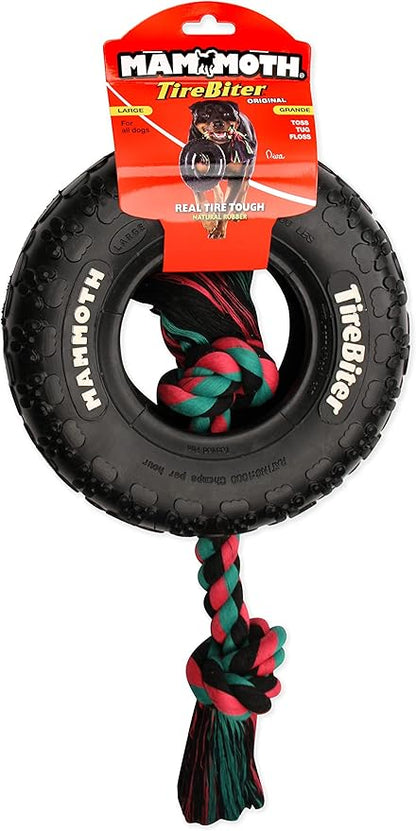 Mammoth TireBiter Originals with Cotton-Poly Rope – Natural Rubber Dog Toys – Dog Toys for Extra Long Interactive Play – Strong Chewer Toys for All Dog Breeds - Large, 10”