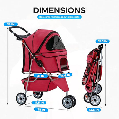 BestOffice Pet Stroller for Small Medium Dogs & Cats, 3-Wheel Foldable Dog Stroller with Cup Holder, Lightweight Travel Carrier, Waterproof Design for Outdoor Walks, Red