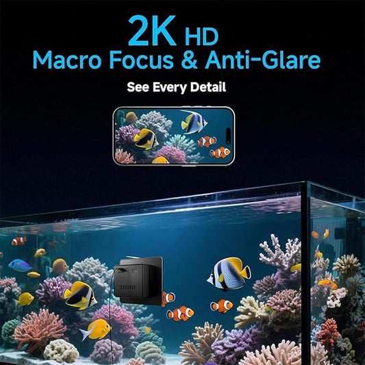 2K HD Aquarium Camera, 140° Wide-Angle Anti-Glare Night Vision WiFi, Aquarium Camera for Fish Tank, for Reptile Terrarium with AI Motion Detection 2-Way Audio (Black)