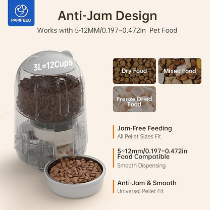PAPIFEED Automatic Cat Feeder with App Control, 2.4G WiFi Auto Cat Food Dispenser, 3L Cat Feeder Automatic with Dual Power Supply, Easy-Clean Design for Cats & Small Dogs (Grey)