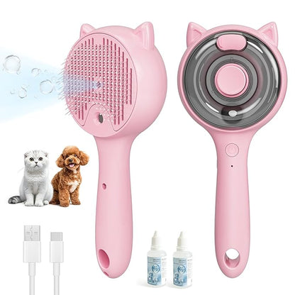 Steam Pet Grooming Brush for Cats & Dogs, Spray Silicone Deshedding Brush Reduces Shedding & Static, One-Click Fur Removal, Rechargeable Cat Dog Grooming Tool, Pink