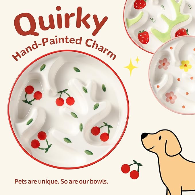 Ceramic Slow Feeder Dog Bowl - Portion Control Feeding Bowl for Medium Dogs – Cute Maze Food Dish for Fast Eaters - 3.1 Cups (310 g) - Doodle Series (Cherry)