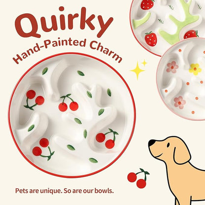 Ceramic Slow Feeder Dog Bowl - Portion Control Feeding Bowl for Medium Dogs – Cute Maze Food Dish for Fast Eaters - 3.1 Cups (310 g) - Doodle Series (Petal)