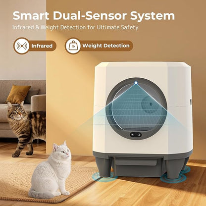 OROLEY Self Cleaning Litter Box, Large Capacity Automatic Cat Litter Box with APP Control, Safety Sensors, Built-in Deodorizing Scent Box, and 1 Roll Garbage Bags,White