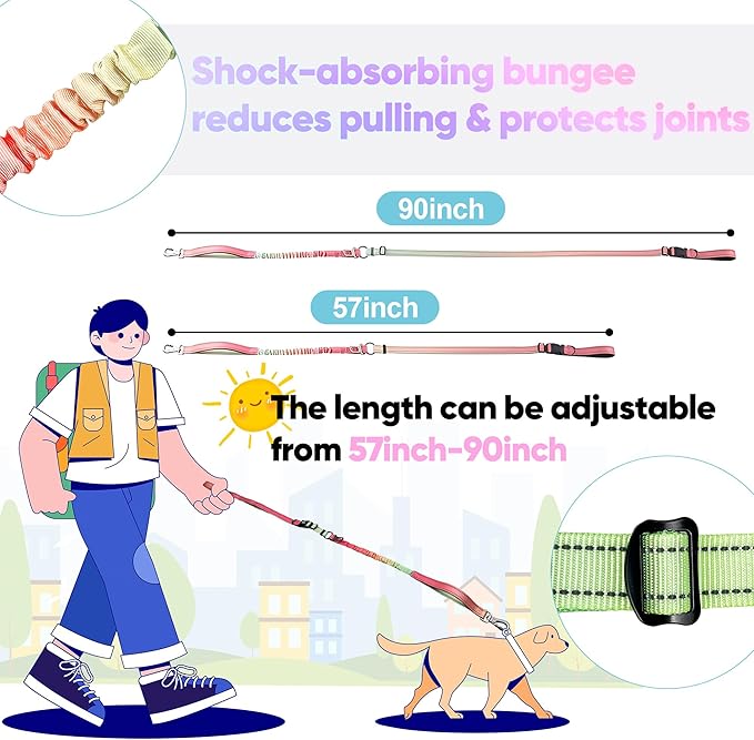 Hands Free Dog Leash for Large Medium Dogs – Bungee No Pull Running Leash with Dual Padded Handles, Reflective Nylon, Adjustable Waist Belt, Seatbelt Clip for Walking, Jogging, Hiking (BluePink)