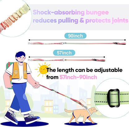 Hands Free Dog Leash for Large Medium Dogs – Bungee No Pull Running Leash with Dual Padded Handles, Reflective Nylon, Adjustable Waist Belt, Seatbelt Clip for Walking, Jogging, Hiking (BluePink)