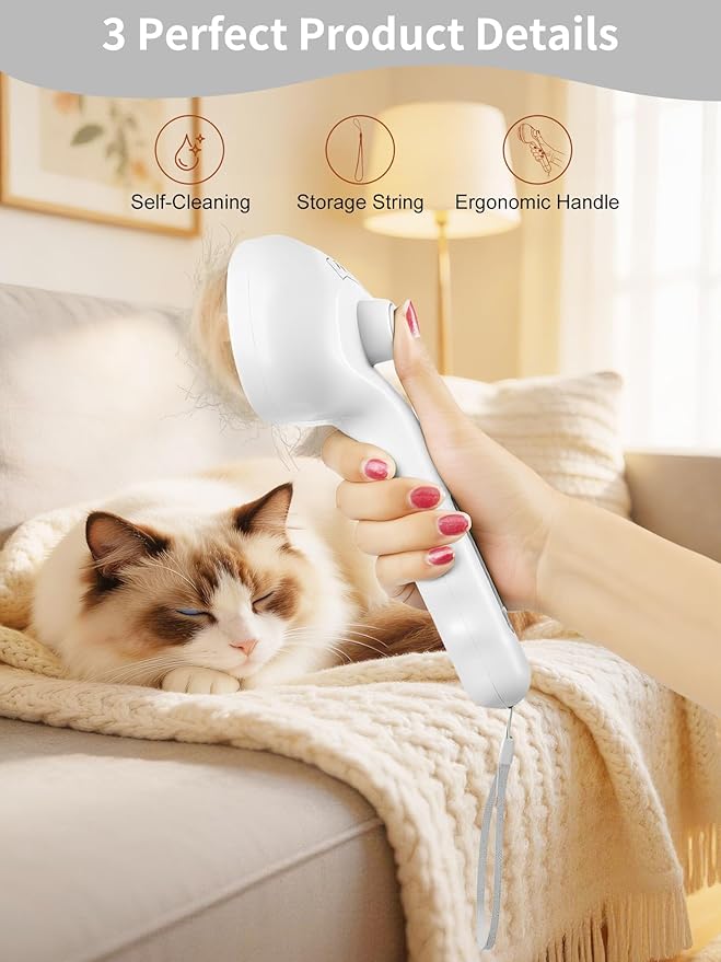 Dog Steam Brush Self Cleaning 3 in 1 Cat Steam Brush for Hair Shedding Massaging Grooming,Reducing Flying Fur & Static,Spray Comb with Storage String for Long Short Haired Furry Pets - White