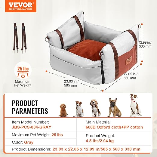 VEVOR Dog Car Seat, Waterproof Dog Booster Seat for Car with Side Handles and a Storage Pocket, Clip-On Safety Leash and PP Cotton Filling, Vehicle Bed for Small Dogs up to 25lbs, Gray