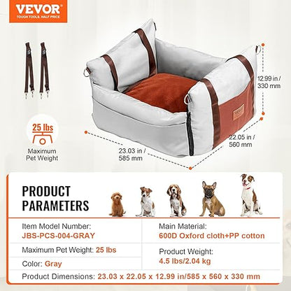 VEVOR Dog Car Seat, Waterproof Dog Booster Seat for Car with Side Handles and a Storage Pocket, Clip-On Safety Leash and PP Cotton Filling, Vehicle Bed for Small Dogs up to 25lbs, Gray