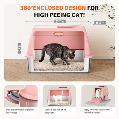 Removable Stainless Steel Cat Litter Box with lid, Front & Top Entry Kitty LitterBox，Cat Litter Box Enclosure, XL Extra Large High-Sided Metal Cat Box with Scoop, Mat, Footboard (Pink)