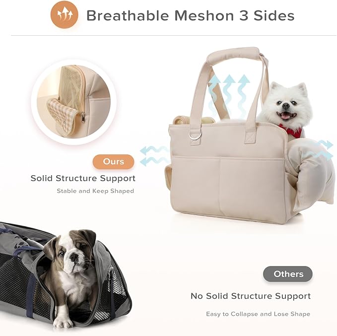 Dog Purse Carrier for Small Dogs & Puppies Up 12 Lbs, Soft Cotton Tote Pet Shoulder Bag with Pockets, Foldable & Washable Breathable Puppy Carrier for Yorkie, Chihuahua & Cats - Beige