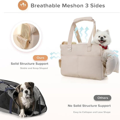 Dog Purse Carrier for Small Dogs & Puppies Up 12 Lbs, Soft Cotton Tote Pet Shoulder Bag with Pockets, Foldable & Washable Breathable Puppy Carrier for Yorkie, Chihuahua & Cats - Beige