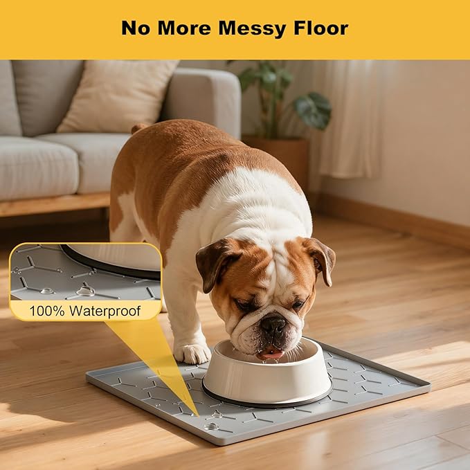 Pieviev 16''x12'' Dog Cat Food Bowl Mat, Silicone Waterproof Food Grade Pet Food Mat for Floor, High Raised Edge to Prevent Spills, Non-Slip & Easy Clean Pet Placemat for Dog & Cat Bowls, Light Gray