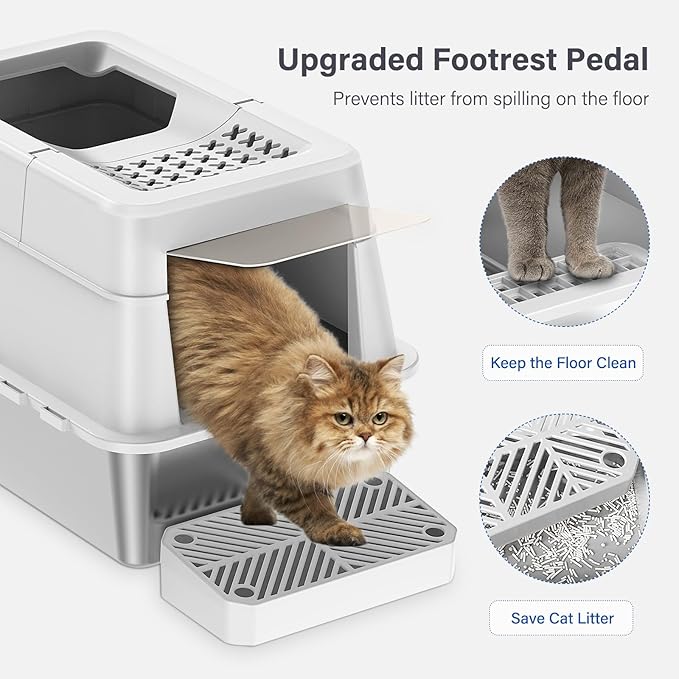 Stainless Steel Litter Box with Lid, XL Extra Large Enclosed Cat Litter Box Fits All Cats Modular Design with Flip Cover, Top Entry Metal High Sided Cat Box & Pedal & Scoop (White)