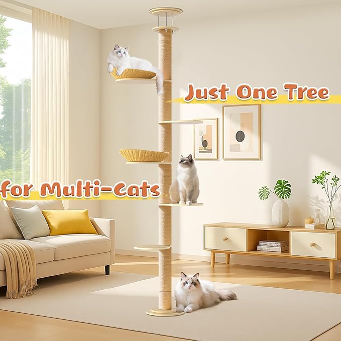 Tinnmao Solid Real Wood Floor to Ceiling Cat Tree, 6 Level Adjustable Height (89"-105"), Modern Climbing Tower with Thickened Wooden Sisal Scratching Posts & Cozy Bed for Indoor Cats Large Adult
