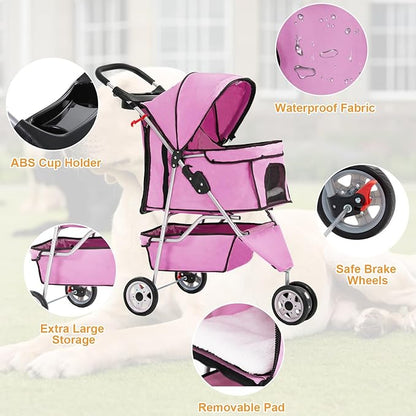 BestPet 3 Wheels Pet Dog Stroller Cat Cage Jogger Stroller Cats Travel Folding Carrier Waterproof with Cup Holder & Removable Liner,Pink