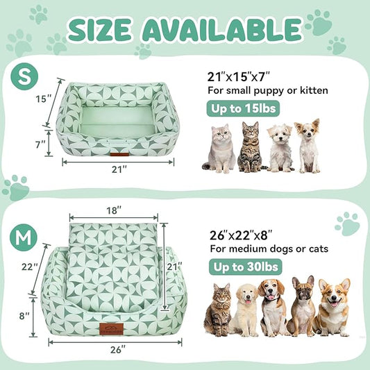 Rectangle Cat Dog Bed for Large Medium Small Pets Indoor Outdoor Machine Washable Sleeping Sofa Non-Slip Bottom Soft Puppy Bed Durable Orthopedic Calming Pet Cuddler (Small, Green Pattern)