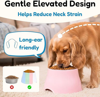 Elevated Spaniel Dog Bowl, Melamine Raised Dog Food Bowl for Long-Eared Dogs, Raised Dog Bowls for Small & Medium Dogs, Stainless Steel Inner Bowl, Non-Slip Base (Light Blue, M (420 ML / 1.5 Cups))