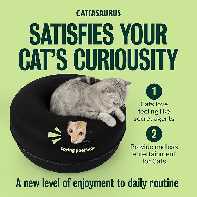 Cattasaurus Peekaboo Cat Cave Donut for Multiple & Large Cats up to 30-45 lbs, 3-in-1 Self Warming Cat Bed, Tunnel & Scratcher for Indoor Cats, Washable & Detachable Small Dog Bed (Black, Large)