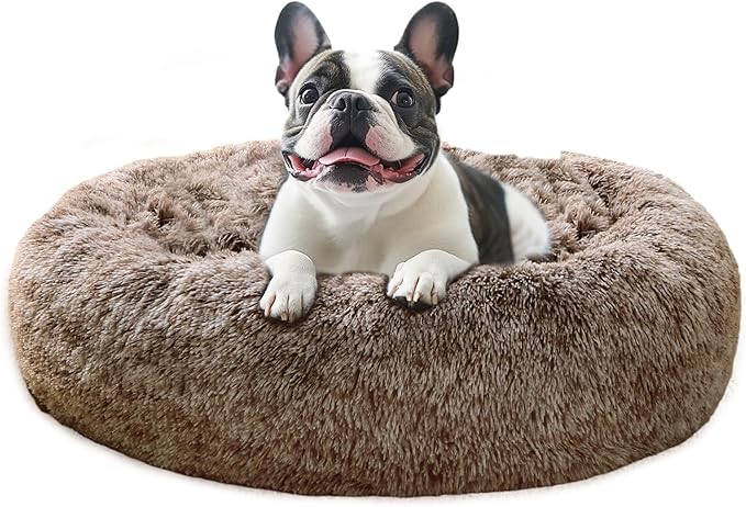 JOLLYVOGUE Calming Dog Bed Medium Size Dog, 31in Donut Washable Medium Pet Bed, Anti-Slip & Anti-Anxiety Fluffy Faux Fur Round Dogs Bed, Fits up to 45 lbs Pets (Smoke Brown)