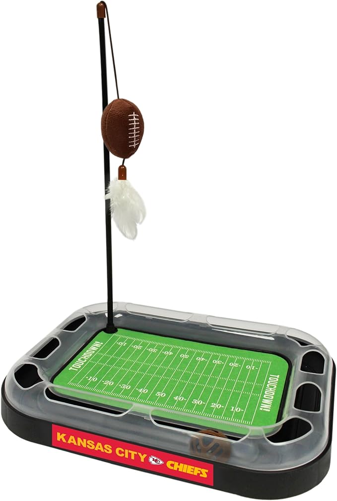 Pets First Cat Plush Toy KANSAS CITY CHIEFS FOOTBALL FIELD CAT SCRATCHER TOY with CATNIP Filled Plush FOOTBALL Toy & Feather Cat Toy hanging, Jingle Bell INTERACTIVE BALL Cat Chasing 5-in-1 KITTY Toy
