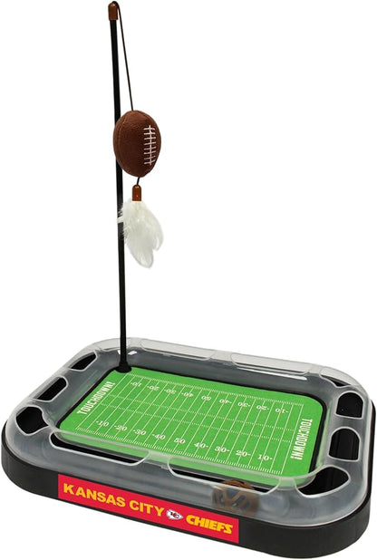 Pets First Cat Plush Toy KANSAS CITY CHIEFS FOOTBALL FIELD CAT SCRATCHER TOY with CATNIP Filled Plush FOOTBALL Toy & Feather Cat Toy hanging, Jingle Bell INTERACTIVE BALL Cat Chasing 5-in-1 KITTY Toy