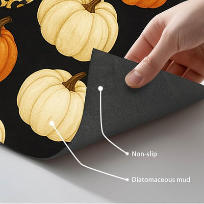 Fall Pumpkin Pet Feeding Mat Thankgiving Theme Dog and Cat Food Mat Non Slip Pet Bowl Mats with Leopard and Polka Dot Pumpkin Design for Autumn Home Kitchen Cat Accessories 24" x 16"