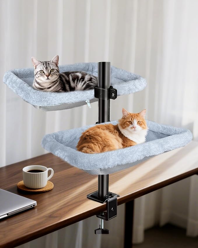 L&W BROS. Double Layer Cat Desk Bed – Adjustable Desk Perch with Metal Frame, 45LB/Layer, Washable Covers, for Multi-Cat Homes