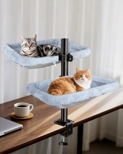 L&W BROS. Double Layer Cat Desk Bed – Adjustable Desk Perch with Metal Frame, 45LB/Layer, Washable Covers, for Multi-Cat Homes