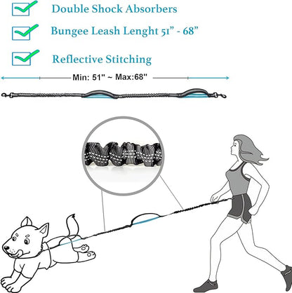 Hands Free Dog Leash for Running, Walking, Hiking, Durable Dual-Handle Bungee Leash with Reflective Stitching and an Adjustable Waist Belt, for Up to 150 lbs Large Dogs (Medium/Large, Black)