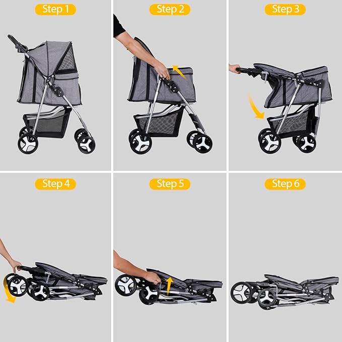 ZENY Foldable Pet Stroller, Cat/Dog Stroller with 4 Wheel, Pet Travel Carrier Strolling Cart with Storage Basket, Cup Holder (Grey)