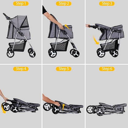 ZENY Foldable Pet Stroller, Cat/Dog Stroller with 4 Wheel, Pet Travel Carrier Strolling Cart with Storage Basket, Cup Holder (Grey)