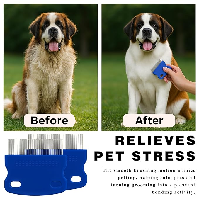 Stainless Steel Flea & Lice Combs for Dogs and Cats, Rounded-Tooth Pet Grooming Tools for All Coat Types, 8 Pieces