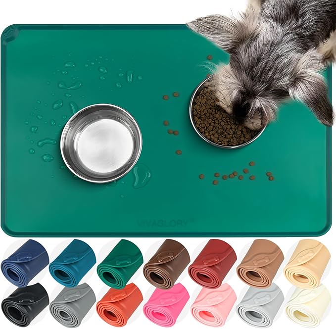 VIVAGLORY Dog Food Mat Flexmat Dog Bowl Mat, Placemat Food Tray with Raised Edges & Lip for Indoor Floor, Non Slip Waterproof Silicone Dish Placemat for Cat & Pet, L, Deep Green