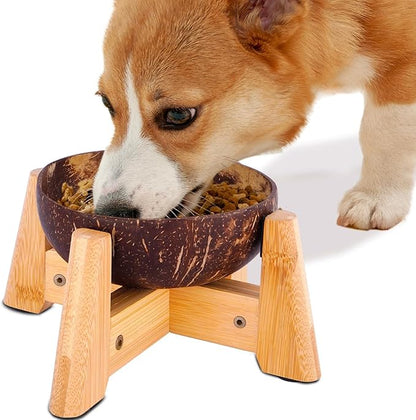 Raised Dog Bowl for Small Dogs - Elevated Natural Coconut Shell Bowl with Wood Stand - Around 20-oz Capacity - Suitable of Wet and Dry Dog Foods