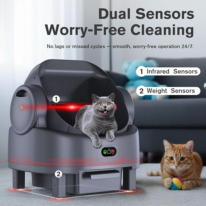 Self Cleaning Cat Litter Box, Open-Top Large Automatic Litter Box for Multiple Cats with Safety Sensors, Includes Liner Bags and Litter Mat Light Grey