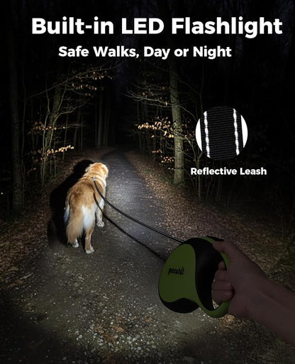 Retractable Dog Leash with Light, 16.4 ft Retractable Pet Leash with Anti-Slip Soft Grip, 360° Tangle-Free, One-Button Control, Reflective Leashes for Small Medium Dog Up to 66 lbs